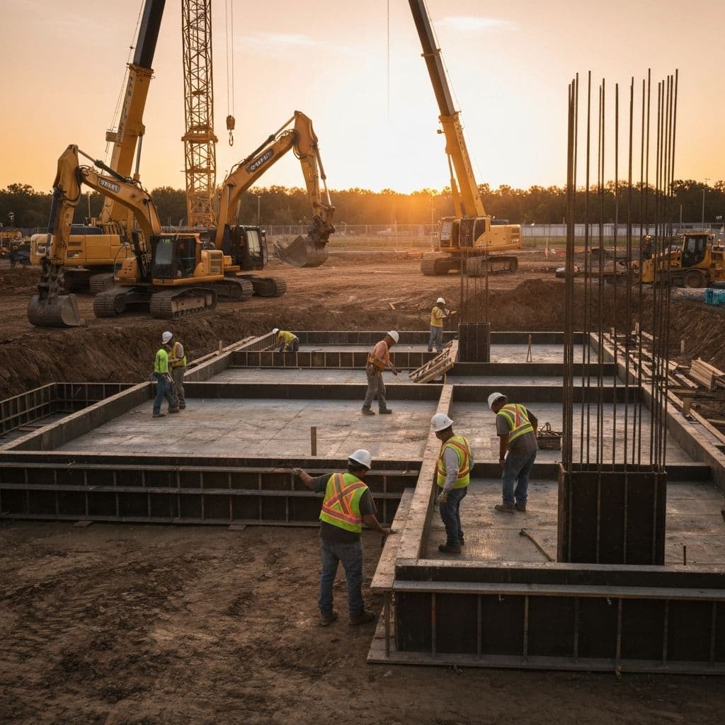 Construction site with workers and heavy equipment at sunrise